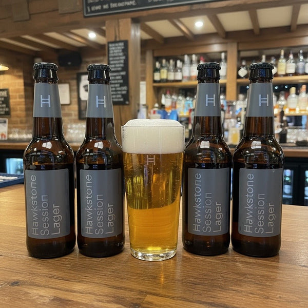 Hawkstone Session Lager 4% ABV 4 x 330ml & Half Pint Glass Bundle - thebeerhoose.co.uk