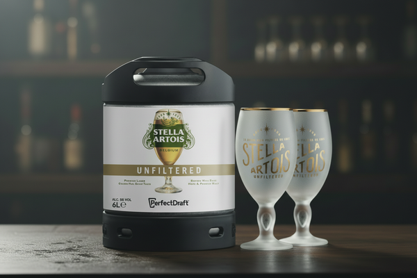 Stella Artois Unfiltered 6L keg with two frosted chalice glasses bundle