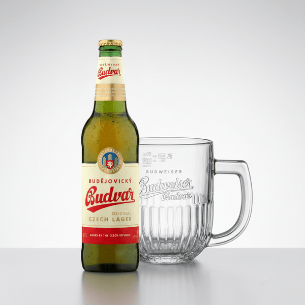 6 Budvar Bottle + Budvar Branded Beer Glass Mug (set of 6) - thebeerhoose.co.uk