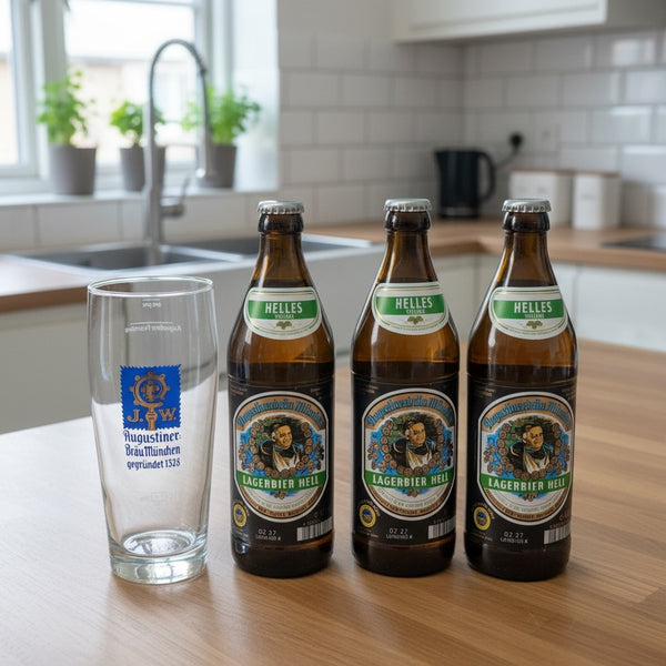 Augustiner-Bräu Lagerbier Hell 3 x 500ml bottles with branded glass on kitchen counter