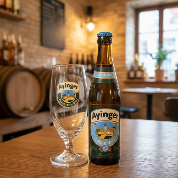 Ayinger Lager Hell  330ml X 4 Bottles  + 1 FREE HALF PINT GLASS