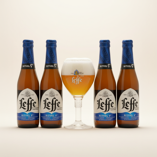 Leffe Rituel 9° four-bottle and glass bundle