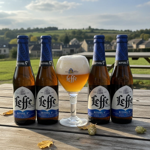 Four Leffe Rituel 9° beer bottles with a Leffe beer glass